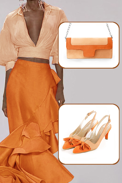 Women's apricot orange and marigold orange elegant slingback heels, with a bow on the front. Tapered toe. Medium slim heel - Top view